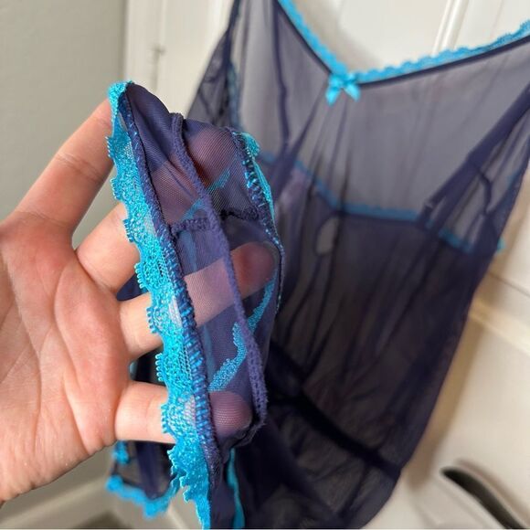 Savage X Fenty Navy Blue Mesh Lace Bow Romper Sz M-L Lingerie Baddie Glam Girly - Picture 5 of 6